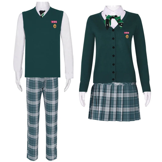 EtherealBe All of Us Are Dead cosplay costume featuring a green vest, plaid skirt, and matching tie