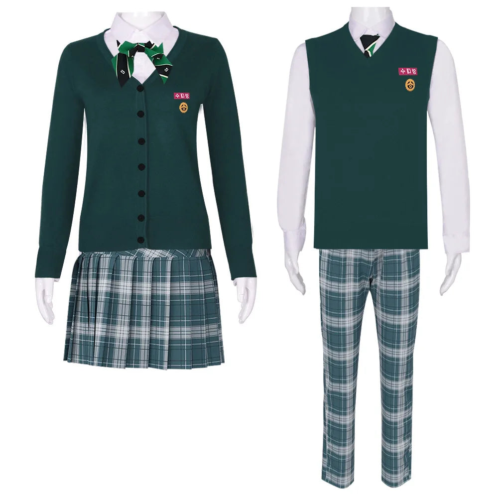 EtherealBe All of Us Are Dead cosplay costume featuring a green cardigan, plaid skirt, and pants