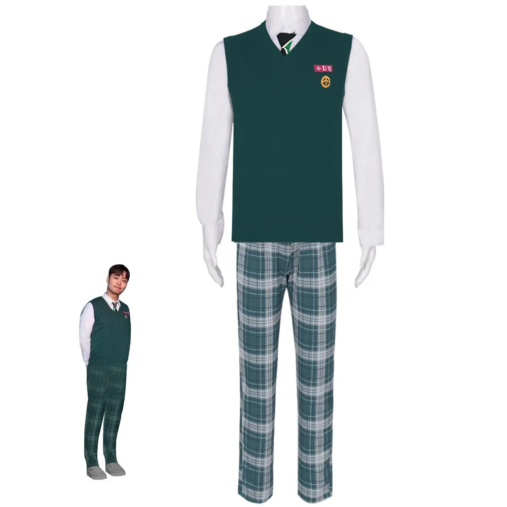 All of Us Are Dead cosplay costume featuring a green vest and plaid pants for fans of the series