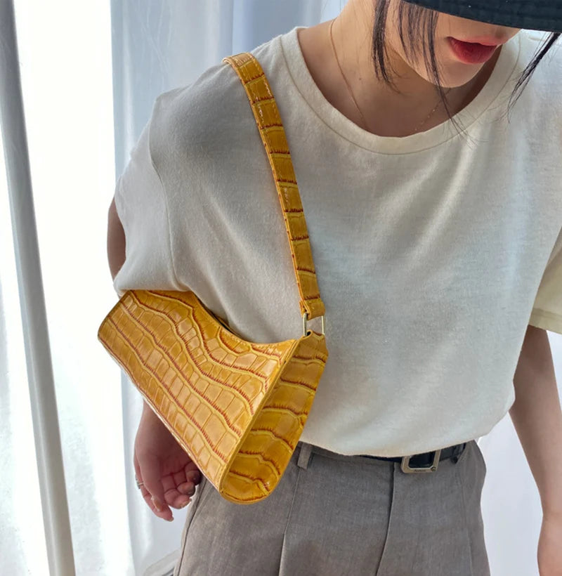 EtherealBe alligator pattern PU leather handbag in yellow, perfect for stylish everyday use