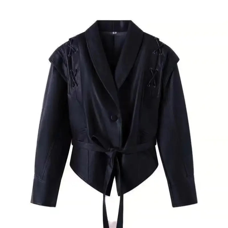 EtherealBe half collar faux leather jacket black belted waist with lace shoulder details and single button closure
