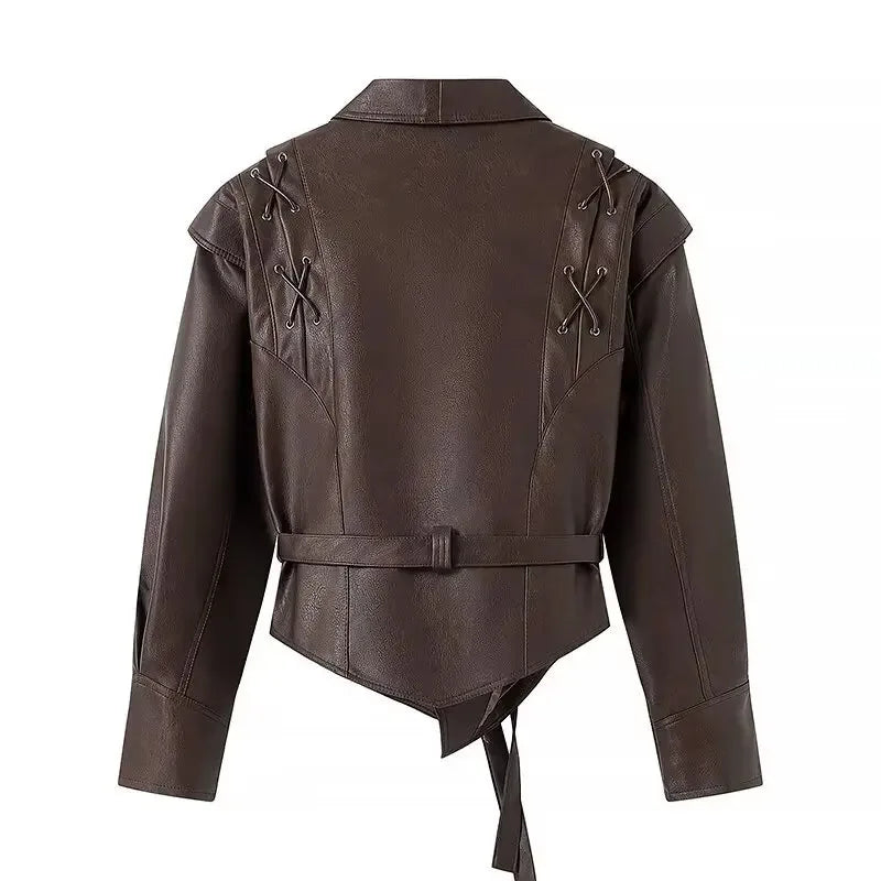 Back view of EtherealBe half collar faux leather jacket in dark brown with lace up shoulders and belted asymmetrical hem