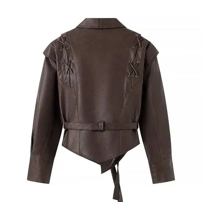 Back view of EtherealBe half collar faux leather jacket in dark brown with lace up shoulders and belted asymmetrical hem