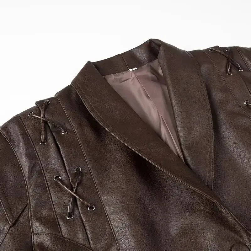 EtherealBe brown half collar faux leather jacket with shoulder lace up grommet detailing and satin lining