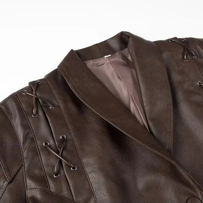 EtherealBe brown half collar faux leather jacket with shoulder lace up grommet detailing and satin lining