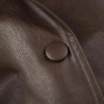 EtherealBe brown half collar faux leather jacket close up showing textured material button and seam
