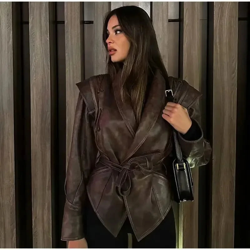 Model wearing EtherealBe half collar faux leather jacket brown wrap belt oversized shoulders urban style
