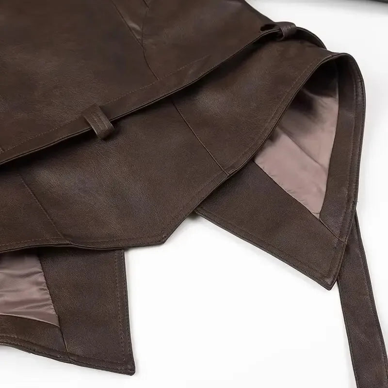 EtherealBe brown half collar faux leather jacket with waist belt and satin lining closeup on white