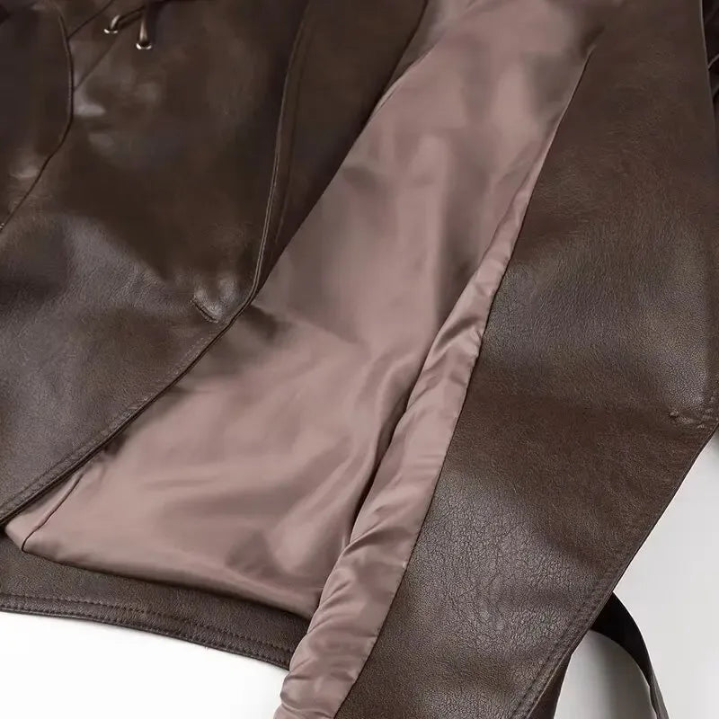 EtherealBe brown half collar faux leather jacket showing satin inner lining and sleeve detail