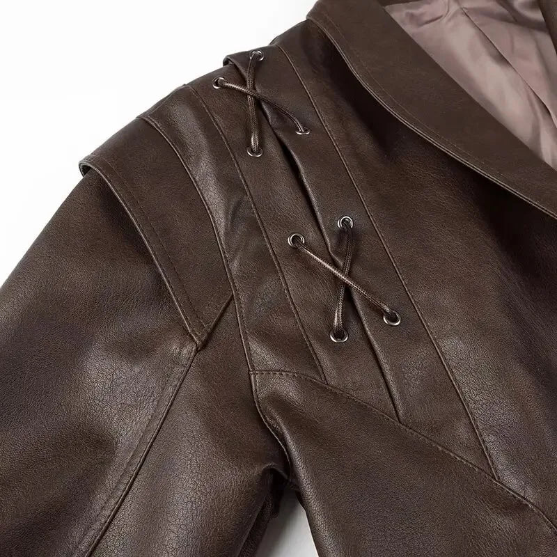 EtherealBe half collar faux leather jacket closeup in dark brown with laced shoulder detail and quilted stitching