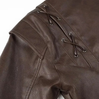 EtherealBe brown half collar faux leather jacket close up shoulder with lace up eyelet details and stitched seams