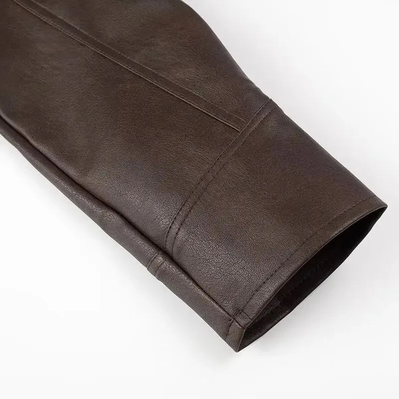 EtherealBe dark brown half collar faux leather jacket sleeve close up showing seam details