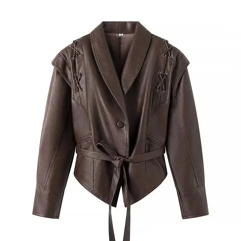 EtherealBe half collar faux leather jacket in chocolate brown with tie waist lace up shoulder details