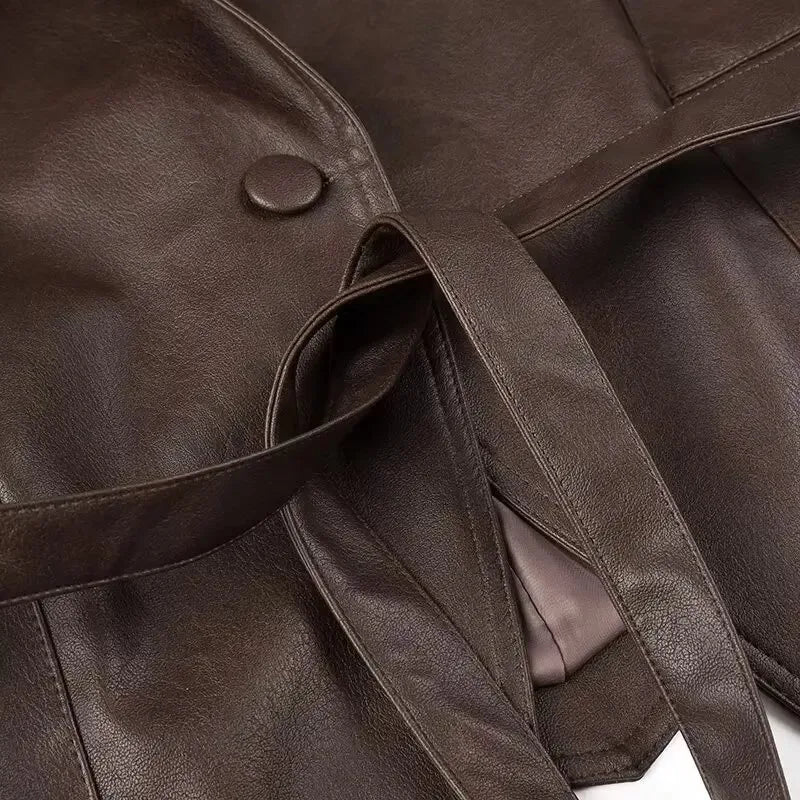 EtherealBe brown half collar faux leather jacket close up showing button belt and satin lining