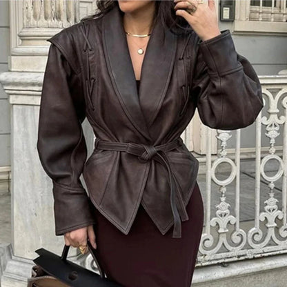 EtherealBe half collar faux leather jacket belted brown wrap jacket with puff sleeves and sculpted waist