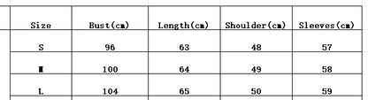 EtherealBe half collar faux leather jacket size chart table showing S M L bust length shoulder and sleeve measurements in cm