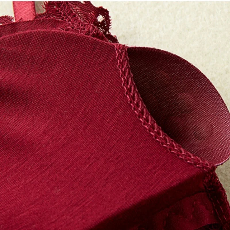 EtherealBe burgundy lace trimmed padded camisole close up showing fabric and cup detail sexy camisole lingerie for women