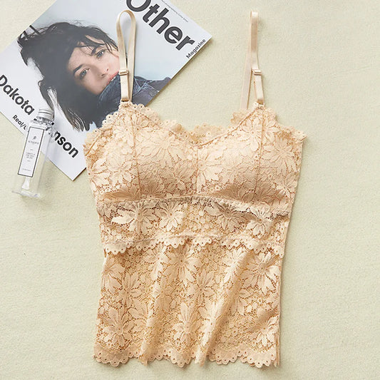 Beige floral lace camisole with scalloped hem and adjustable straps sexy camisole lingerie for women flat lay