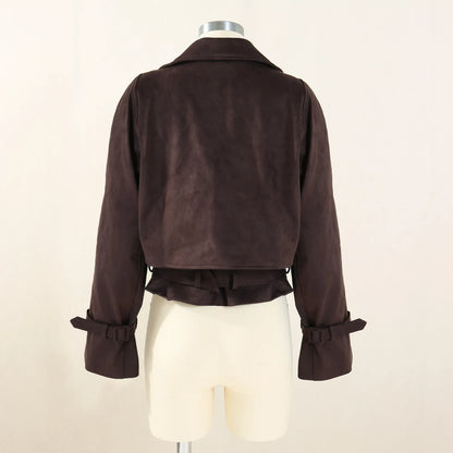 EtherealBe dark brown suede back view Faux Leather Cropped Jacket with belted cuffs and short layered hem