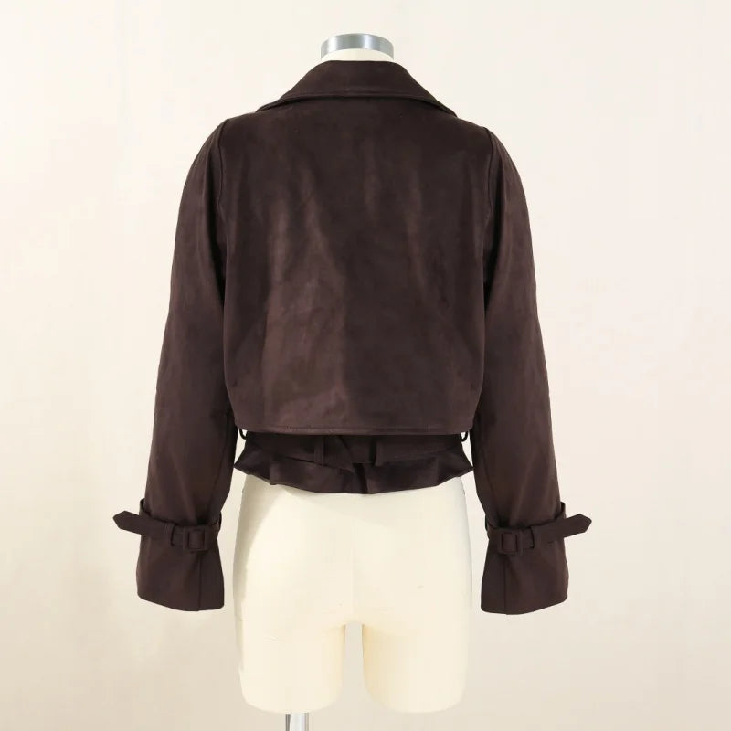 EtherealBe Faux Leather Cropped Jacket back view dark brown with cuff ties and layered hem on mannequin