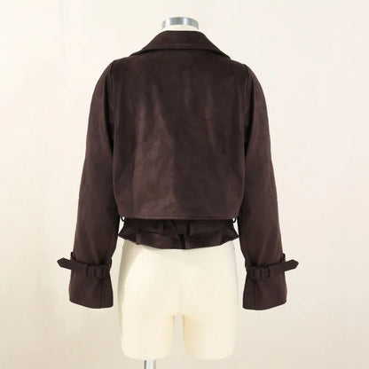 EtherealBe Faux Leather Cropped Jacket back view dark brown with cuff ties and layered hem on mannequin