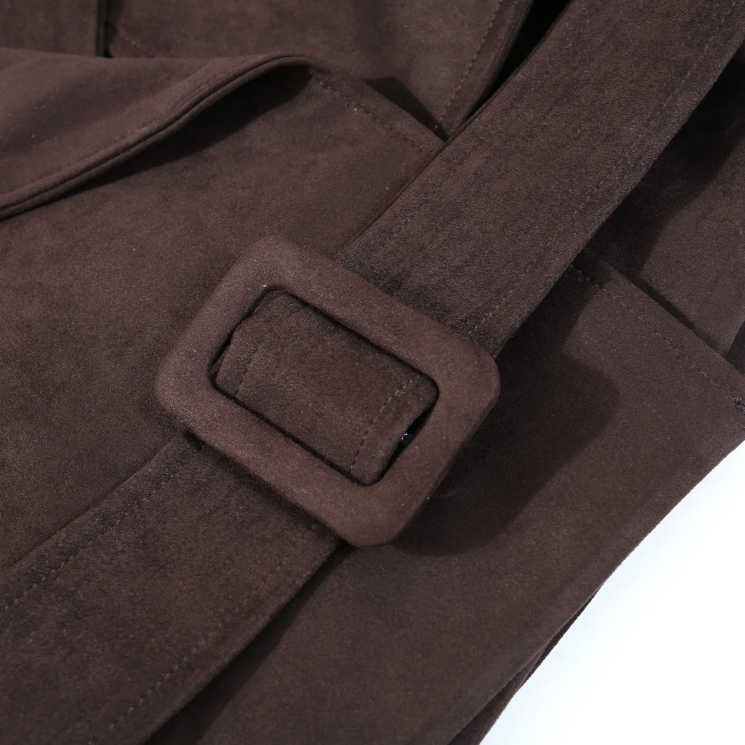 EtherealBe Faux Leather Cropped Jacket closeup of dark brown suede belt with square fabric covered buckle