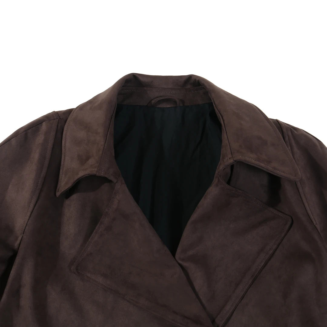 Dark brown suede finish Faux Leather Cropped Jacket with wide lapel collar and black lining for layering