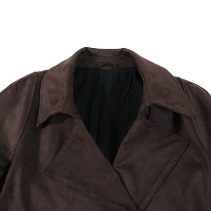 Dark brown suede finish Faux Leather Cropped Jacket with wide lapel collar and black lining for layering