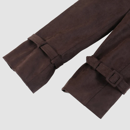 EtherealBe brown Faux Leather Cropped Jacket close up of suede sleeves with adjustable buckle strap cuffs