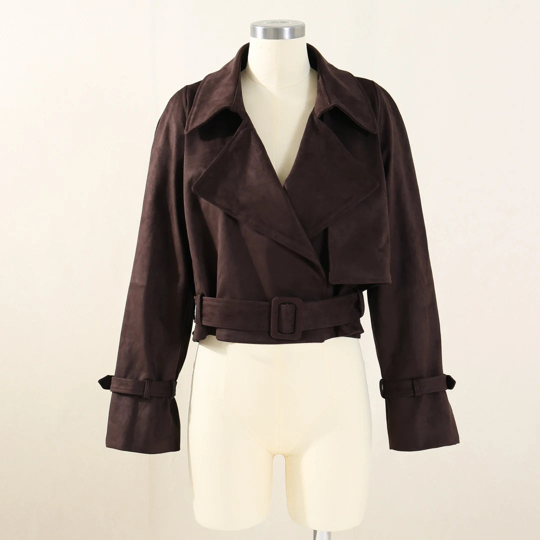 EtherealBe brown Faux Leather Cropped Jacket with wide lapels belted waist on mannequin
