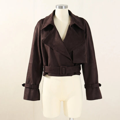 EtherealBe brown Faux Leather Cropped Jacket with wide lapels belted waist on mannequin