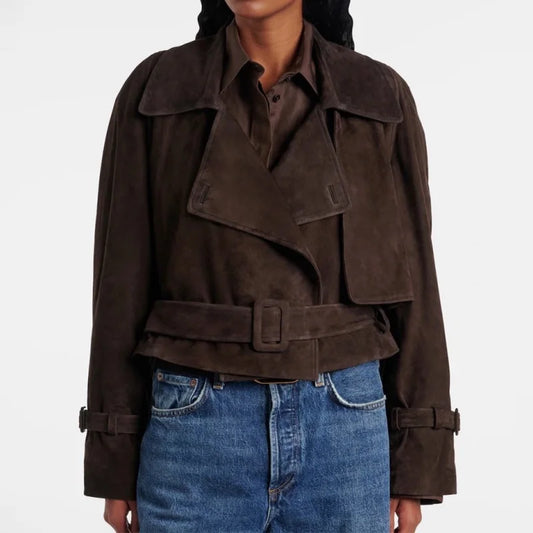 EtherealBe Faux Leather Cropped Jacket brown belted trench style with wide lapels and cuff straps