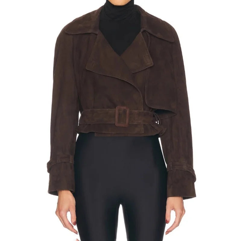 EtherealBe Faux Leather Cropped Jacket in dark brown with wide collar belted waist and long sleeves