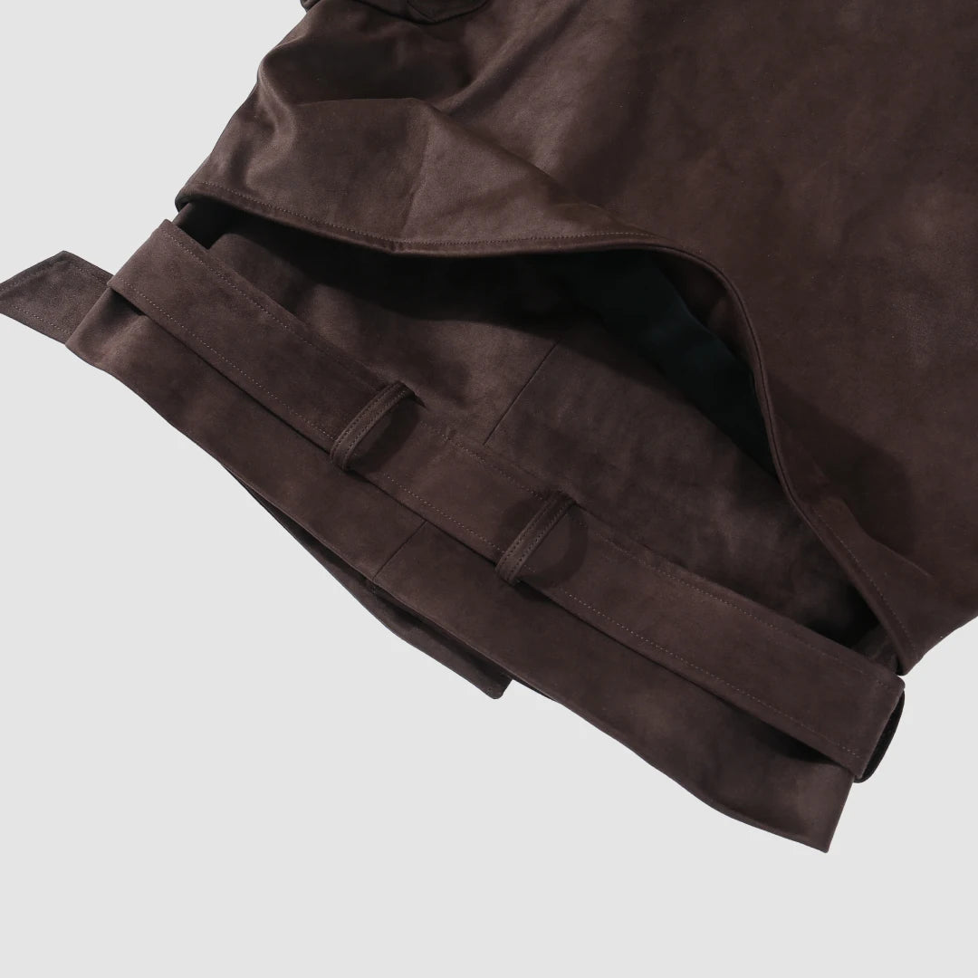 Faux Leather Cropped Jacket dark brown suede finish with belted waist and loop details flat lay