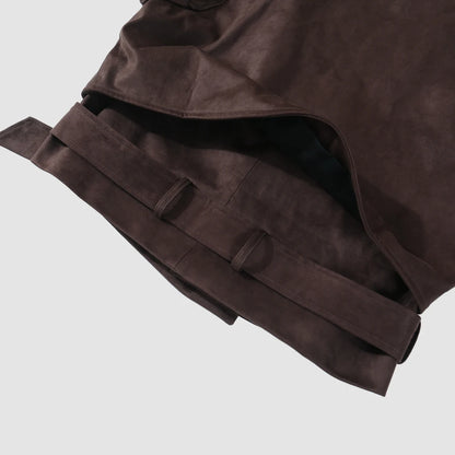 Faux Leather Cropped Jacket dark brown suede finish with belted waist and loop details flat lay