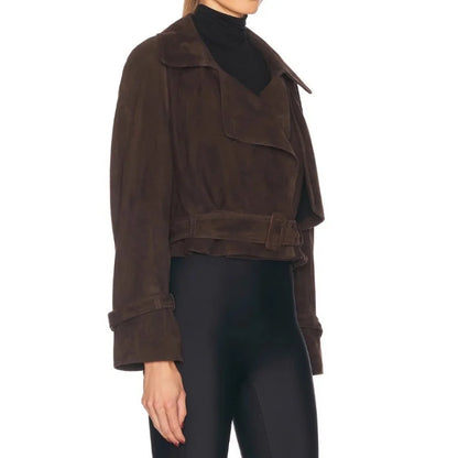 EtherealBe dark brown Faux Leather Cropped Jacket with wide collar belted waist on model