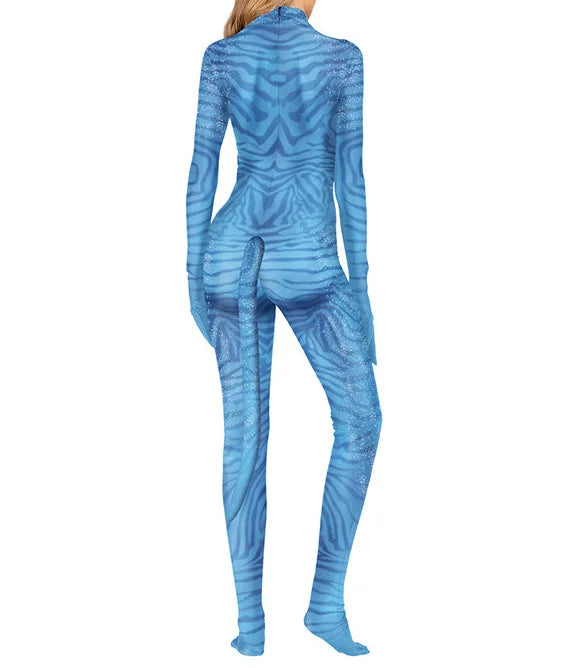 EtherealBe avatar cosplay costume for adults in blue tiger stripe design, full body suit with gloves