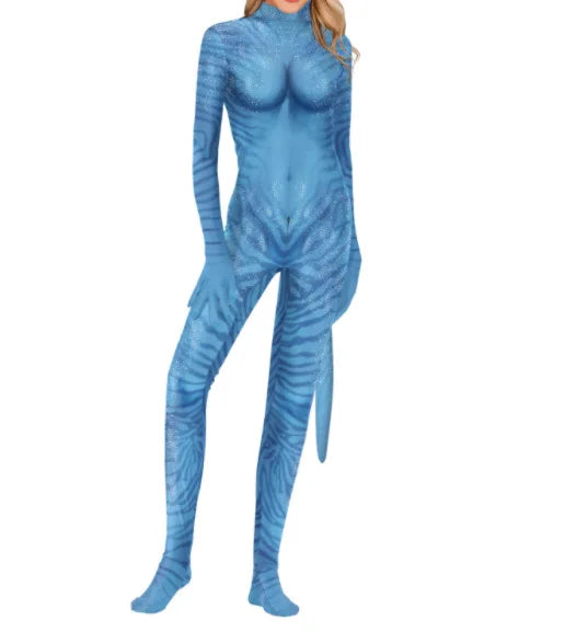 EtherealBe avatar cosplay costume for adults featuring a blue full-body suit with striped design