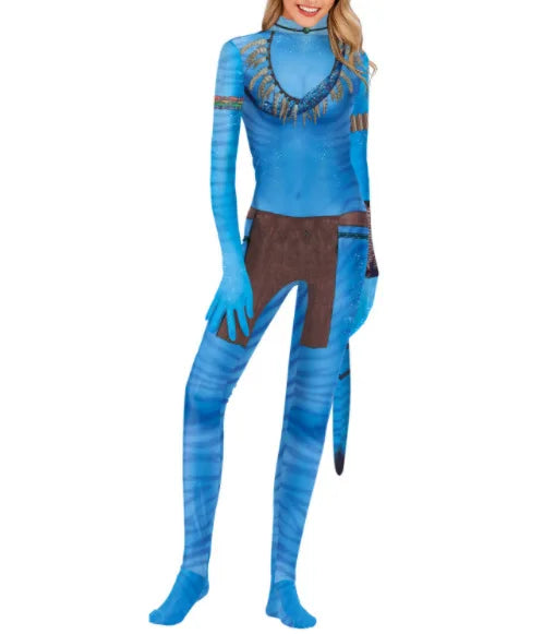 EtherealBe Avatar cosplay costume for adults featuring a blue bodysuit with detailed patterns