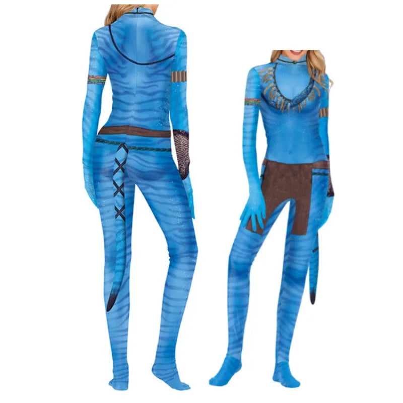 EtherealBe Avatar cosplay costume for adults in blue with detailed patterns and fitted design