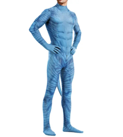 Full-body blue avatar cosplay costume for adults featuring detailed character design
