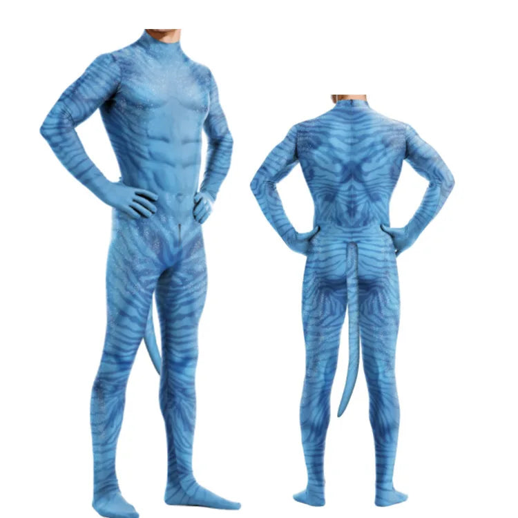 EtherealBe avatar cosplay costume for adults featuring a blue full-body suit with tail and realistic detailing