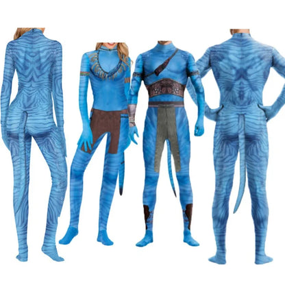 EtherealBe avatar cosplay costume for adults featuring blue body paint design for themed parties