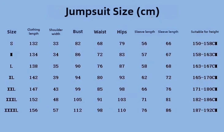 Size chart for EtherealBe avatar cosplay costume for adults including measurements for jumpsuit sizes