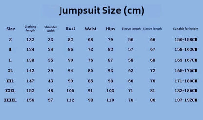 Size chart for EtherealBe avatar cosplay costume for adults including measurements for jumpsuit sizes