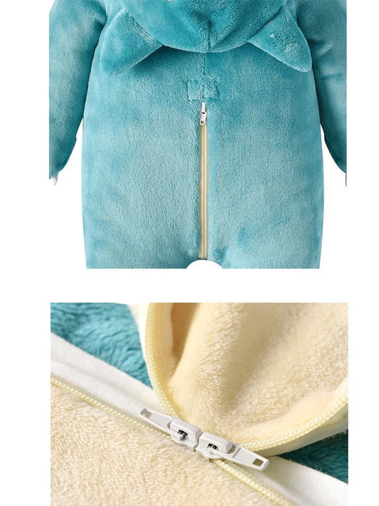 EtherealBe snorlax baby cosplay bodysuit costume teal plush back view with hood ears and cream fleece lining zipper