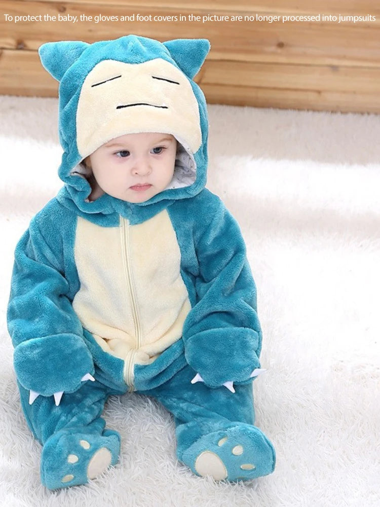 Baby wearing plush teal hooded Snorlax romper with cream belly and paw footies snorlax baby cosplay bodysuit costume