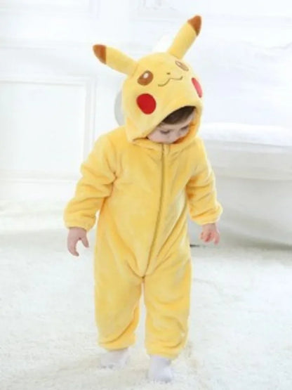 Baby wearing yellow Pikachu hooded onesie photographed for snorlax baby cosplay bodysuit costume listing