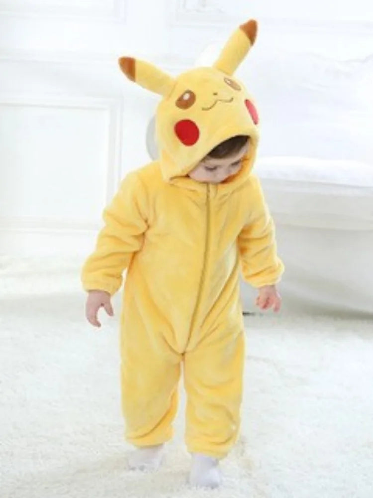 Baby wearing yellow Pikachu hooded onesie with ears and red cheeks snorlax baby cosplay bodysuit costume