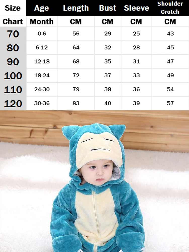 snorlax baby cosplay bodysuit costume soft plush hooded infant onesie with beige belly zipper sitting on rug